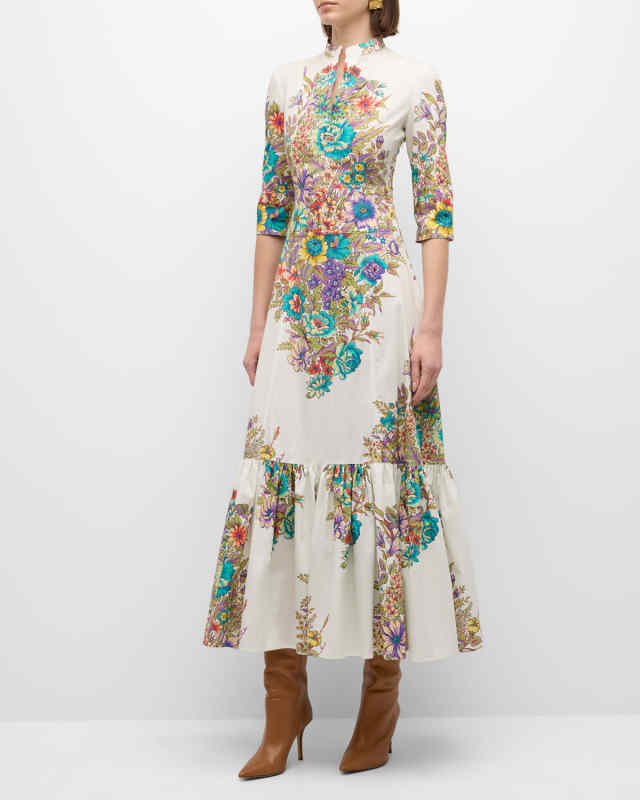 Bouquet Floral-Print 3/4-Sleeve Cotton Maxi Dress
